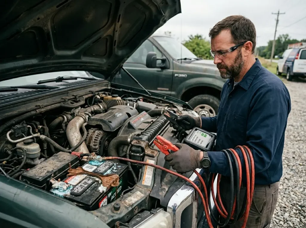 a man checking his battery before jumpstart