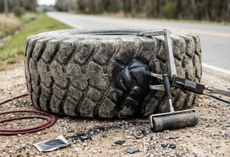 Large heavy-duty truck tire beside repair tools on roadside